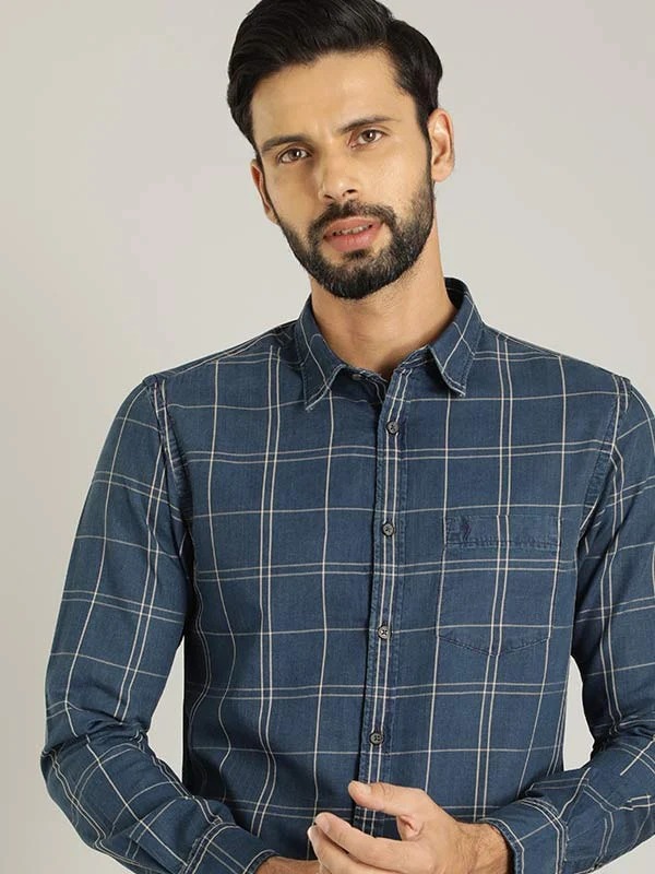 Indian Terrain Men's Slim Fit Full Sleeve Checkered Blue Shirt